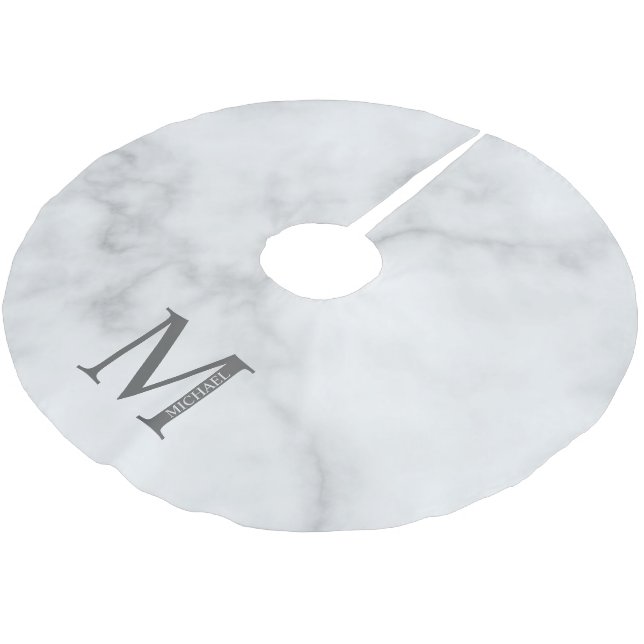 White Marble Personlig Monogram och Namn Julgransmatta Borstad Polyester (Vinklad)