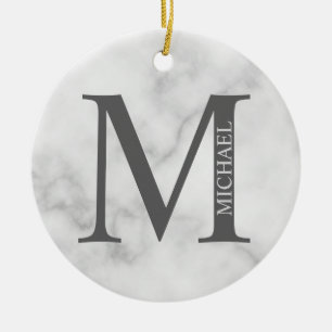 White Marble Personlig Monogram och Namn Julgransprydnad Keramik