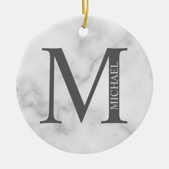 White Marble Personlig Monogram och Namn Julgransprydnad Keramik (Framsidan)