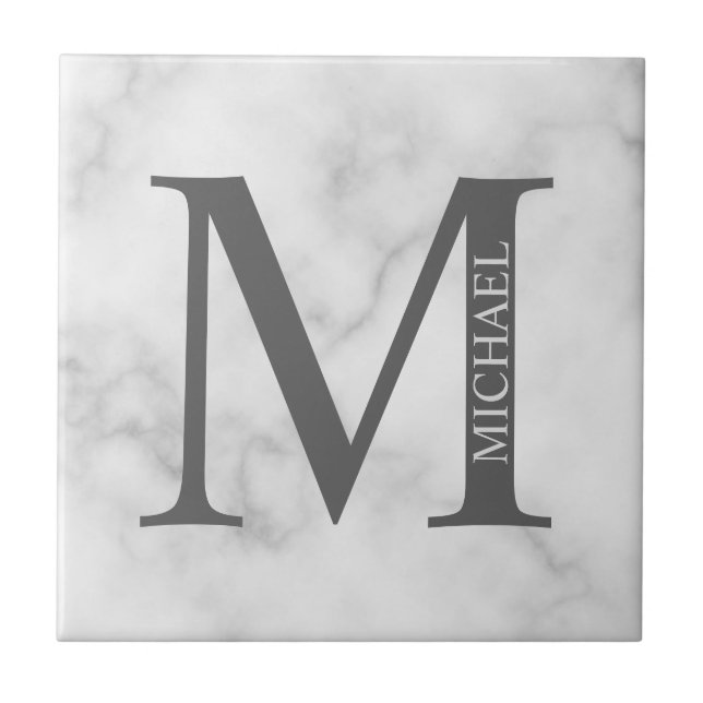 White Marble Personlig Monogram och Namn Kakelplatta (Framsidan)