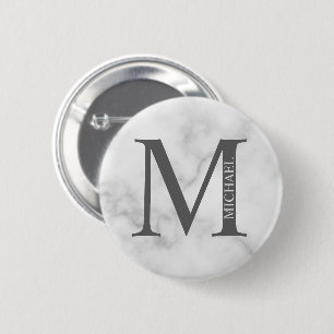 White Marble Personlig Monogram och Namn Knapp