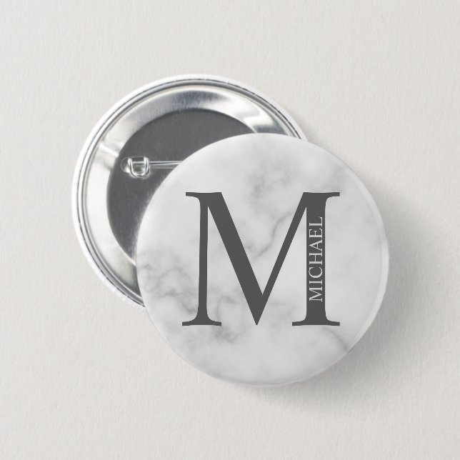 White Marble Personlig Monogram och Namn Knapp (Framsida & baksida)