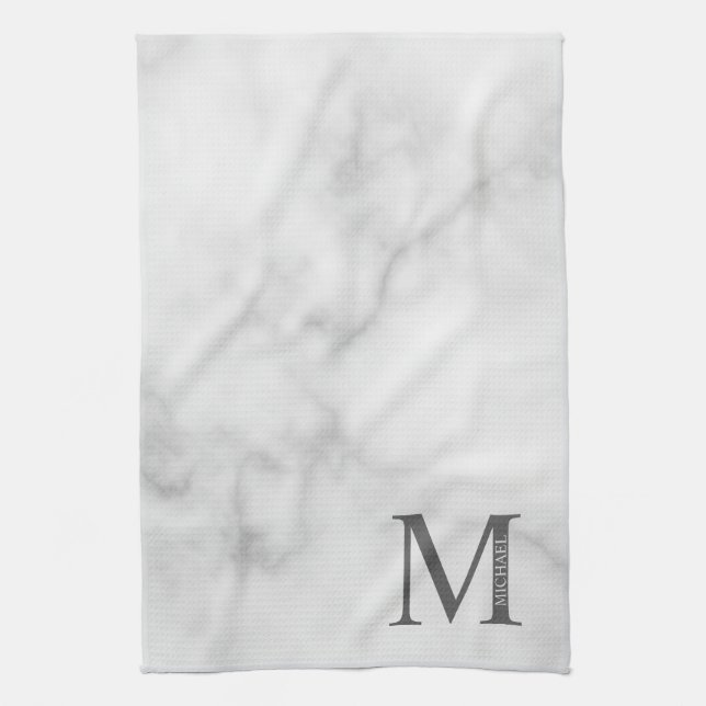White Marble Personlig Monogram och Namn Kökshandduk (Vertikal)