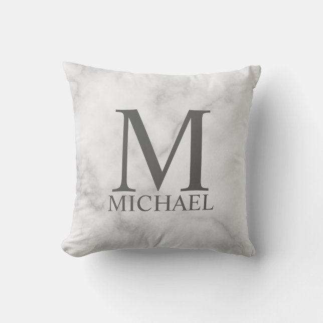 White Marble Personlig Monogram och Namn Kudde (Framsida)