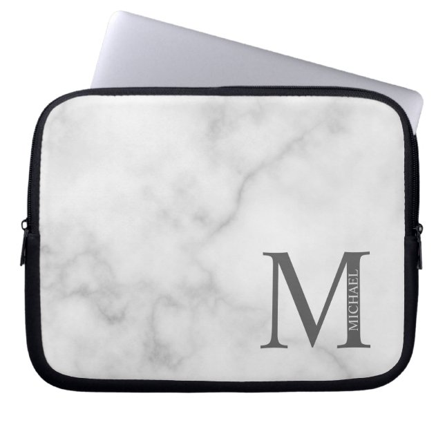 White Marble Personlig Monogram och Namn Laptop Fodral (Framsidan)