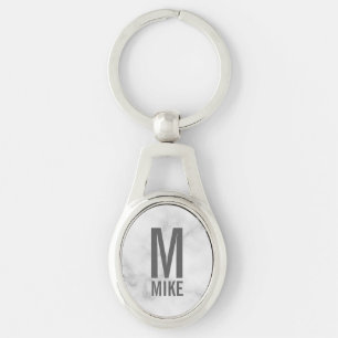 White Marble Personlig Monogram och Namn Ovalt Silverfärgad Nyckelring