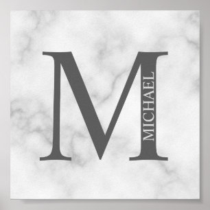 White Marble Personlig Monogram och Namn Poster