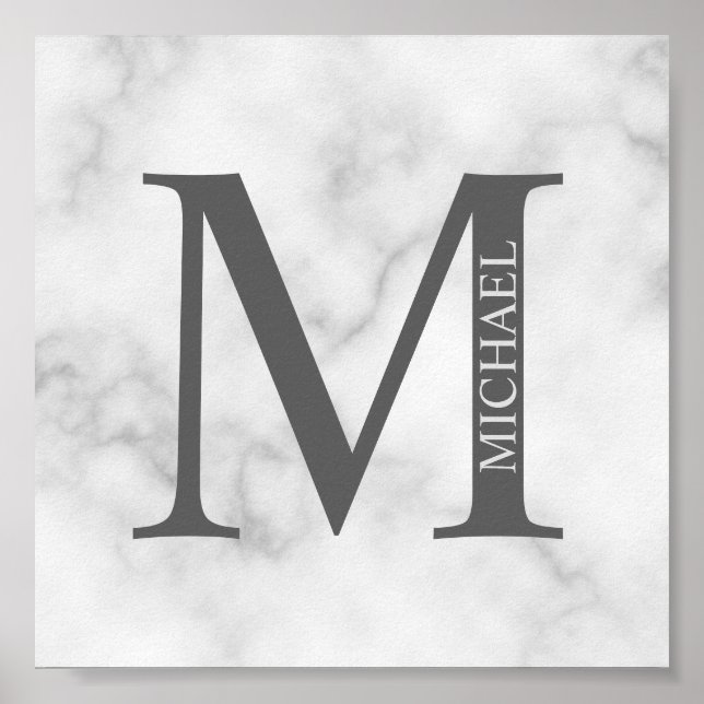 White Marble Personlig Monogram och Namn Poster (Framsidan)