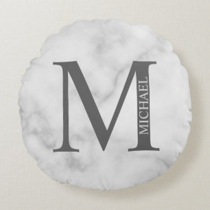 White Marble Personlig Monogram och Namn Rund Kudde