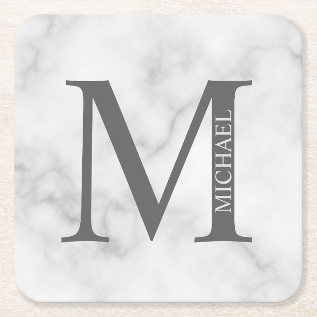 White Marble Personlig Monogram och Namn Underlägg Papper Kvadrat (Framsidan)
