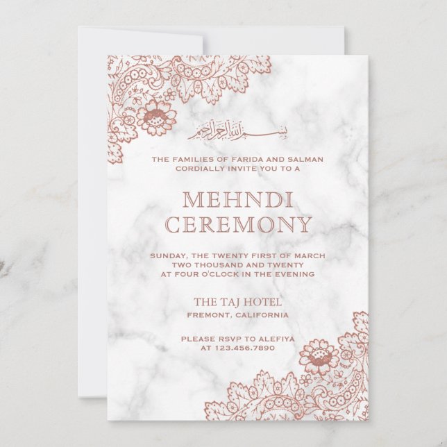White Marble Ro Guld Snöre Islamic Mehndi Inbjudningar (Framsida)
