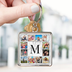 White Marble Stone Mönster Fyrkantig Silverfärgad Nyckelring