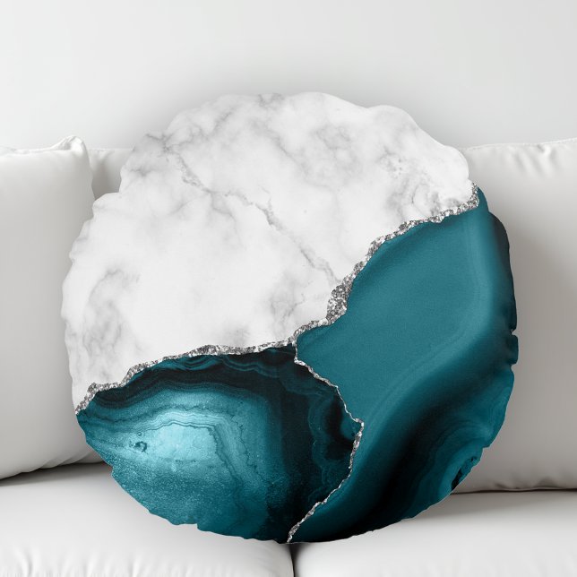 White Marble Teal Agate Silver Rund Kudde (Skapare uppladdad)