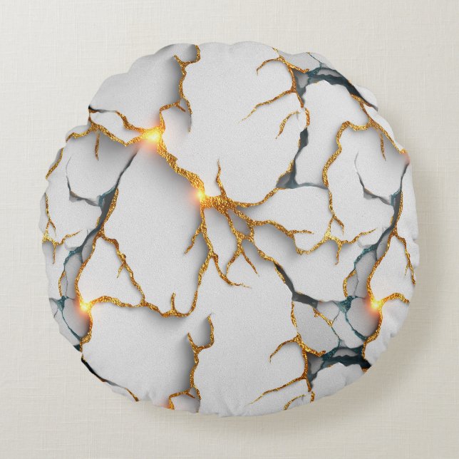 White Marble Texture with Glowing Gold Veins Rund Kudde (Framsidan)