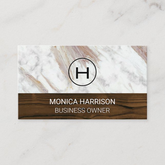White Marble | Trä Trim | Monogram Visitkort (Framsida)