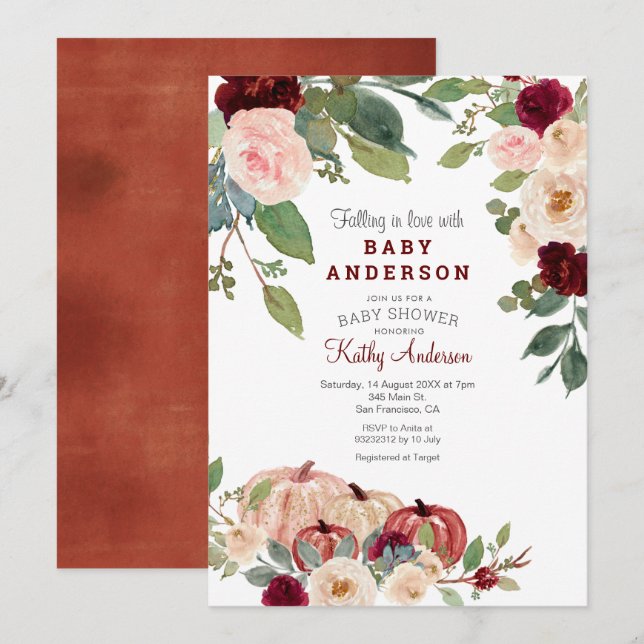 White Marsala Pumpkin Baby Shower-inbjudan Inbjudningar (Fram/baksida)