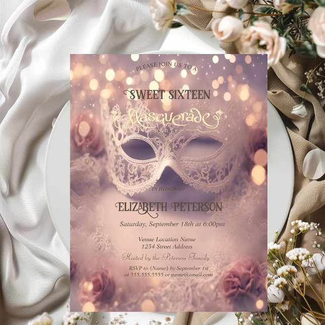 White Masque Diamonds Ro Guld Sweet 16 Inbjudningar (Skapare uppladdad)