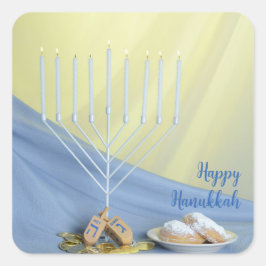 White Menorah Guld Mynt & Dreidels Lycklig Hanukka Fyrkantigt Klistermärke