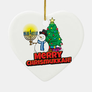 White Merry Chrismukkah med Snögubbe och Menorah Julgransprydnad Keramik