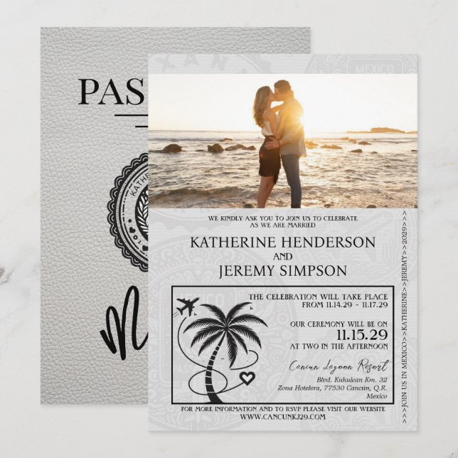 White Mexico Passport Bröllop Inbjudningar (Fram/baksida)