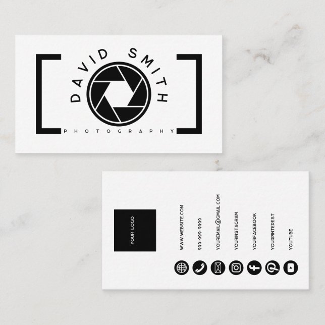 White Minimalist Camera Photographer Business Card Visitkort (Fram/baksida)