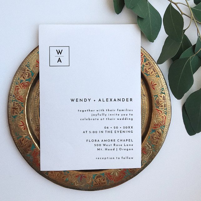 White Modern Bold Monogram Vapensköld Bröllop Inbjudningar (Skapare uppladdad)