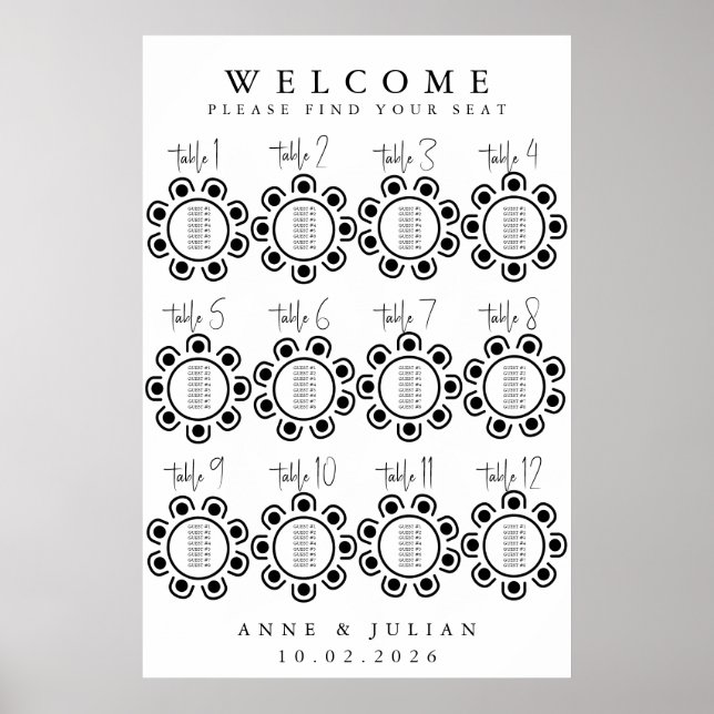 White Modern Minimal Wedding Seating Chart Poster (Framsidan)