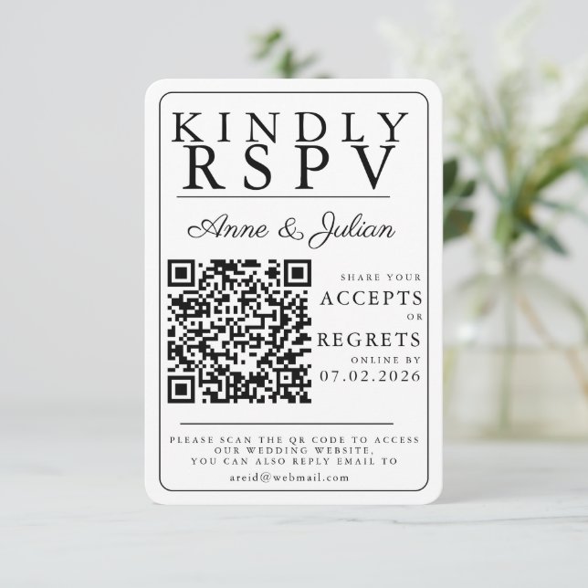 White Modern Photo RSVP Insert QR Code OSA Kort (Stående Fram)