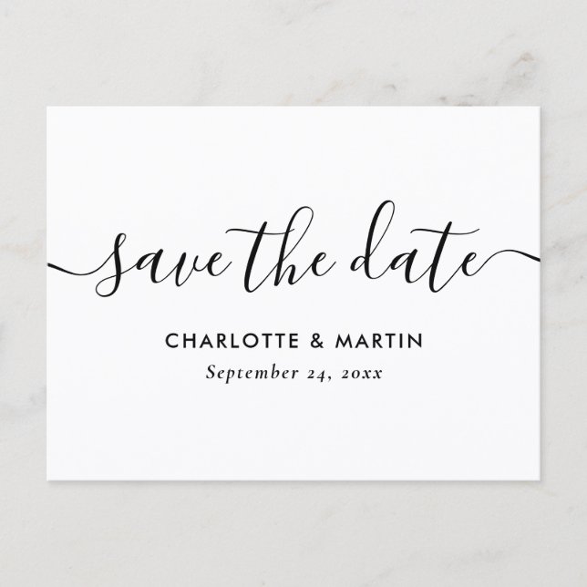 White Modern Script Wedding Save The Date Postcard Meddelande Vykort (Framsida)