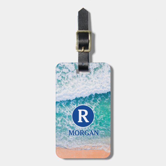 White Monogram & Blue Namn, Beach Vågar, Info Vs 3 Bagagebricka (Vertikal Framsida)
