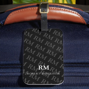 White Monogram Initialer Grått Mönster Black Bagagebricka