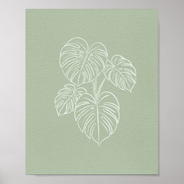 White Monstera Leaf Line Art on Sage Green  Poster