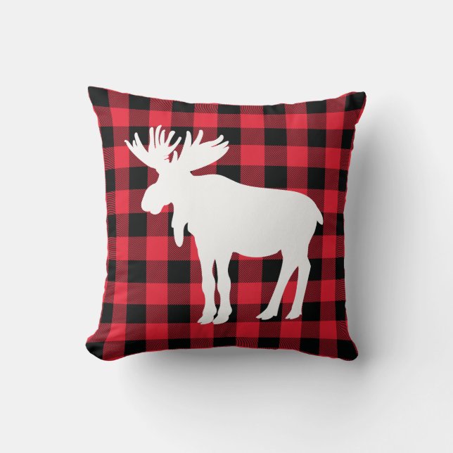 White Moose on Red Buffalo Check Dekorativ kudde (Framsida)