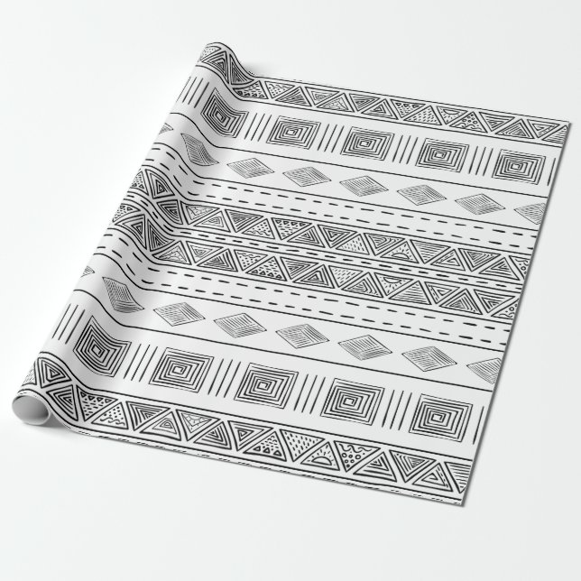 White Mudcloth Stil-stammen Modern Geometric Presentpapper (Utrullad)