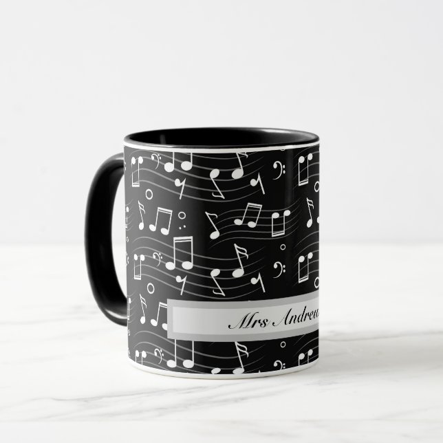 White music notes on black background  mugg (Framsida vänster)