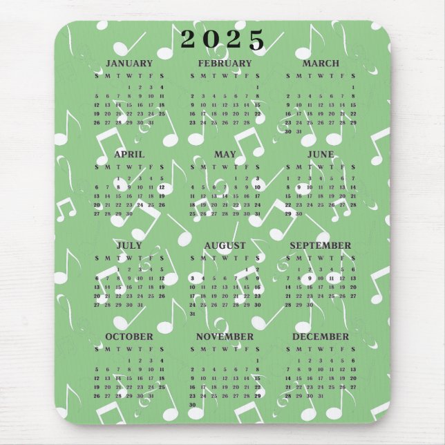 White Musik noter 2025 Calendar Mousepad Musmatta (Framsidan)