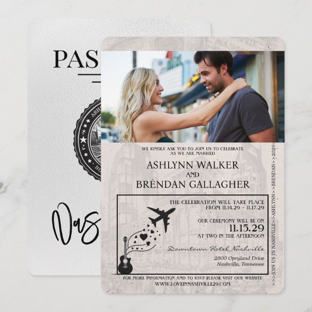 White Nashville Passport Wedding-inbjudan Inbjudningar (Fram/baksida)