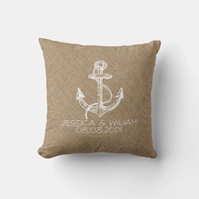 White Nautical Anchor Beige Linen Print Kudde (Framsida)