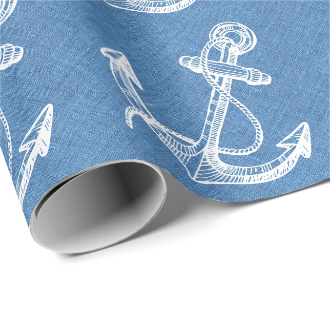 White Nautical Boat Anchor Blue Linen Presentpapper (Rullad Hörn)