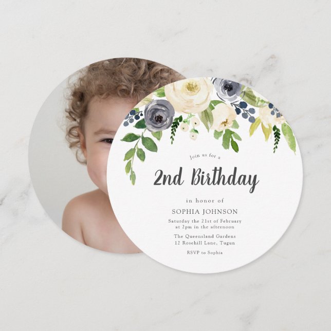 White Navy Blommigt Girl Boy Photo 2nd Birthday Inbjudningar (Fram/baksida)