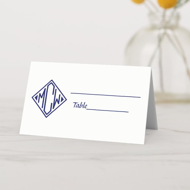 White Navy Blue Diamond Monogram Font DIY BG #2NF Placeringskort (Skapare uppladdad)