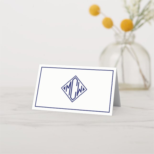 White Navy Blue Diamond Monogram Font DIY BG Placeringskort (Baksida)