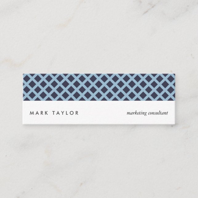 White navy blue grey criss-cross modern card mini visitkort (Framsida)
