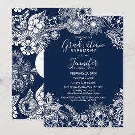 White Navy Blue Illustrative Blommigts Studenten Inbjudningar