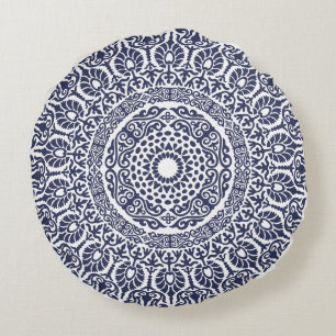 White & Navy Blue Modern Mandala boho chic Indian Rund Kudde
