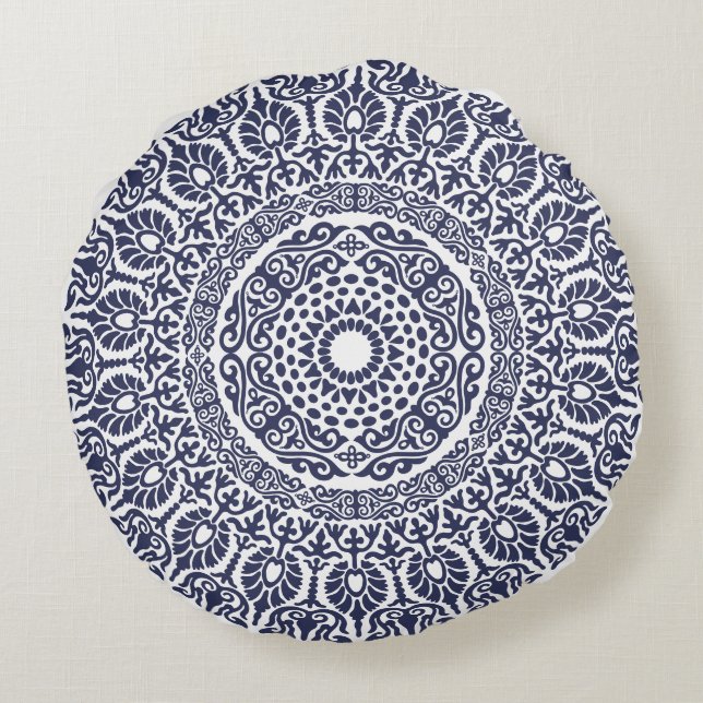 White & Navy Blue Modern Mandala boho chic Indian Rund Kudde (Baksidan)