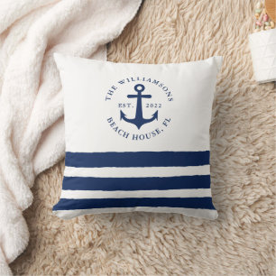 White Navy Blue Rand Family Monogram Nautical Kudde