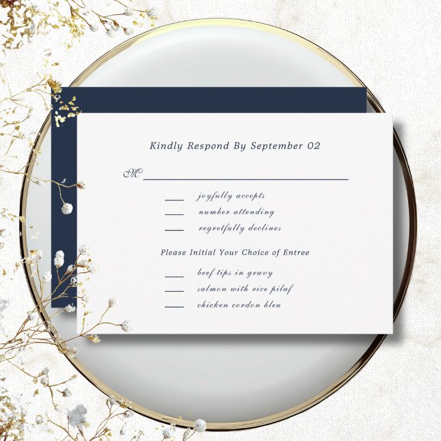 White Navy Script Menu Selection Wedding RSVP  (Skapare uppladdad)