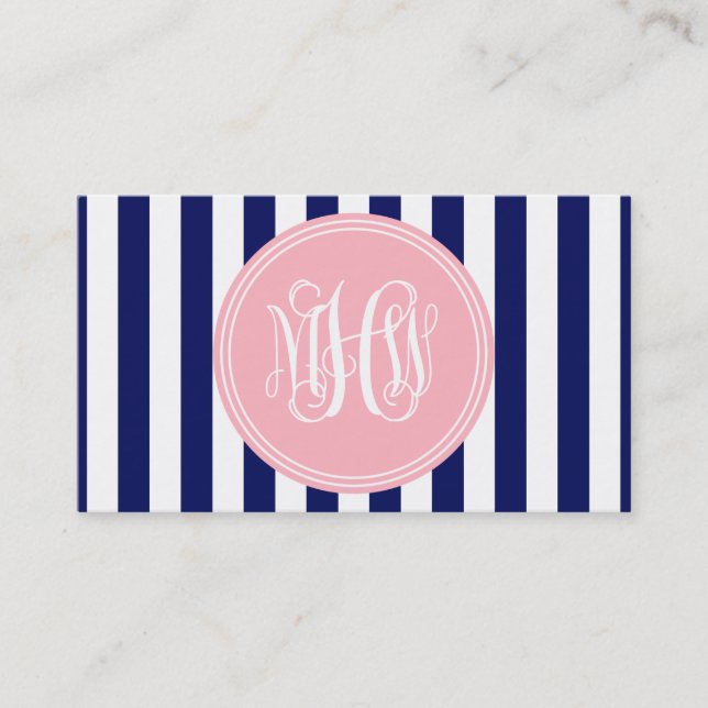 White Navy Vert Rand 6x Pnk Vine Monogram DIY BG Visitkort (Framsida)