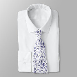 White neck tie with elegant blue floral pattern  slips